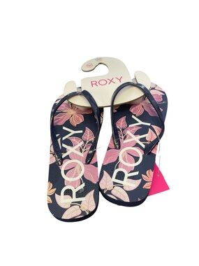 Roxy Navy and Pink Floral Logo Flip Flops women’s size 6